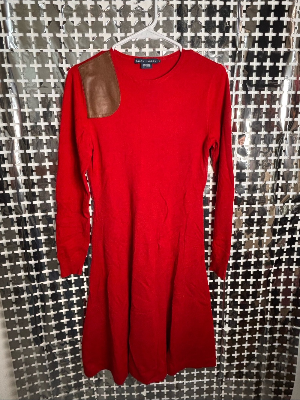 Ralph Lauren Red Long-Sleeve A-Line Dress with Brown Shoulder Patch